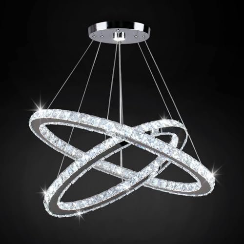 Miniatura 7 de Finktonglan Candeliers De Cristal Luz De Colgante Ovalado Moderno 2 Anillos Led Forma Ajustable, Lámparas De Iluminación Colgante De 60 Cm Para Dormitorio De Comedor 6500k Blanco