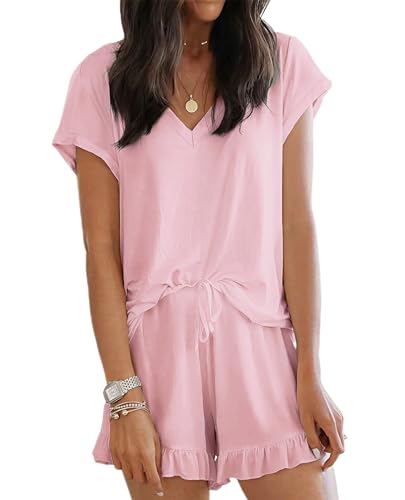 LuckyMore Womens Pajama Sets Short Sleeve V Neck Sleep Shirt and Shorts 2 Piece Lounge Sets bridesmaid Pajamas Peach Pink M