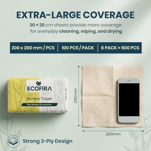 Image of Bamboo Facial Tissues 100 Pulls (Pack of 6) | 600 Pulls 2-Ply | Unbleached Tissue Paper | Super Soft, Strong & Highly Absorbent | 100% Natural & Eco Friendly Tissue Napkins