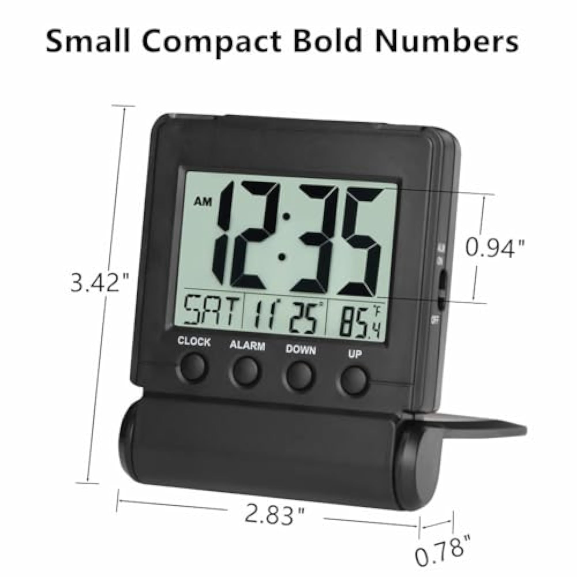Folding Alarm Clock with Calendar, Black