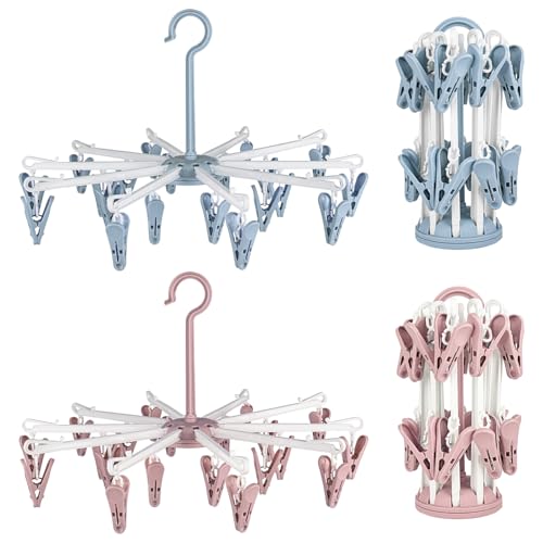 bssmmai 2 Stück Sockentrockner Hängend, Socken Trockner, Socken Aufhänger für Wäscheständer, Camping Sockenaufhänger mit 20 Clips für Socken Unterwäsche Kleine Kleidung (Rosa, Blau)