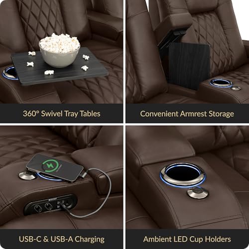 Image of Seatcraft Diamante Brown Italian Leather Home Theater Seating, Zero Gravity Power Recliner Gaming and Home Office Chair, Powered Headrest Lounge Sofa Furniture for Cinema Room, Row of 3 Sofa