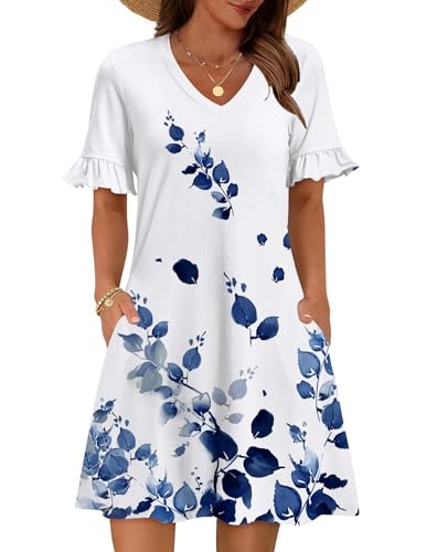 Zeagoo Sun Dresses for Women Casual Dress Short Sleeve A Line Dresses with Pockets Womens V Neck Beach Sundresses White Floral Dress L