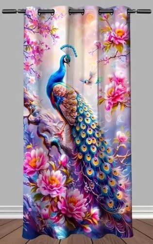 Image of Digital Printed Curtain with Pink Rose and Butterfly Design, 7 Feet, Grommet Top, White (1, Peacock Pink Flower, 7 Feet)