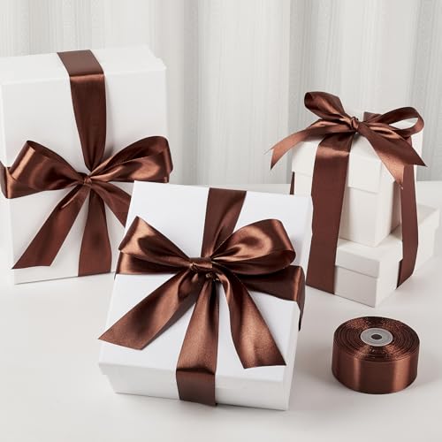 Image of Mauproy 1-1 /2 Inch Wide Brown Satin Ribbon, 50 Yards Solid Polyester Fabric Ribbon for Roses Making, Gift Wrapping, Flower Bouquets, Wedding Decorations, Handmade Crafts