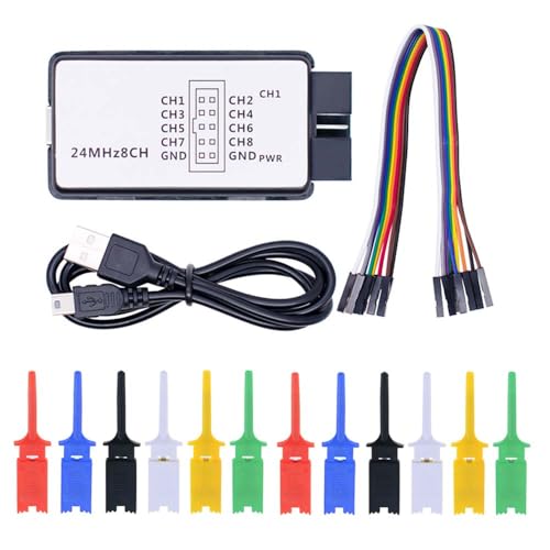 USB Logic Analyzer Device with 12PCS 6 Colors Test Hook Clip Set USB Cable 24M 8CH 8 Channel UART IIC SPI Debug