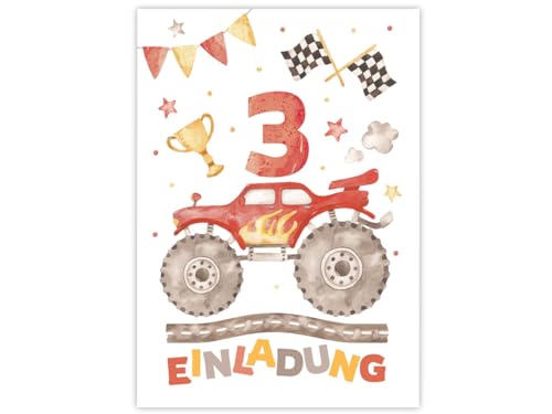 12 Einladungskarten zum 3. Kindergeburtstag Jungen Monster-Truck Auto Einladungen zum dritten Geburtstag Kinder bunte Geburtstagseinladungen
