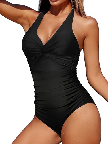 Smismivo Tummy Control One Piece Swimsuit Women V Neck Bathing Suits Halter Slimming Swimwear