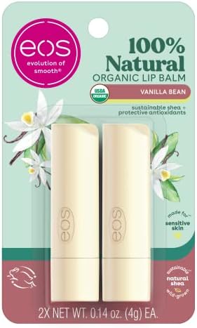 eos 100% Natural & Organic Lip Balm Sticks- Vanilla Bean, All-Day Moisture, Dermatologist Recommended, 0.14 oz, 2-Pack