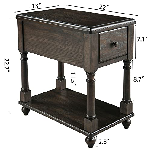 Leemtorig Narrow End Table With Drawer, Solid Wood 2 Tier End Side Table With Storage Shelves, Slim Nightstand For Small Spaces, Living Room, Bedroom, Easy Assembly, Rustic Black Bbj-004-Bk #TOP2