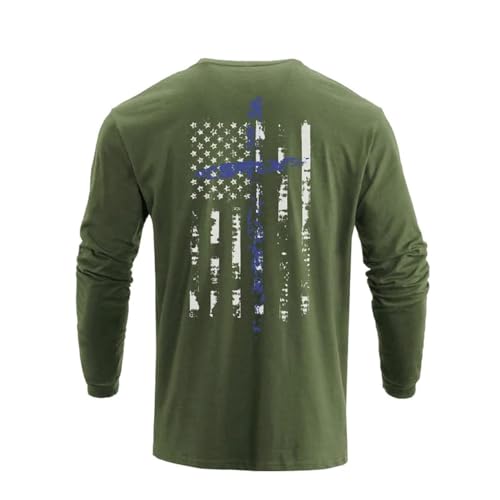 H HYFOL Men's Graphic T-Shirts USA Flag 100% Cotton Long Sleeve American Patriotic Crewneck Regular Tee Shirts(Army Green,XL