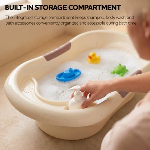 Image of Baybee Lovely Baby Bath Tub for 0 to 5 Years | Ergonomic Bath Tub for Kids with Quick Drain & Storage | Premium Baby Bather with Non Slip Base & Side Grip Bathing Tubs for Boys Girls (Beige)