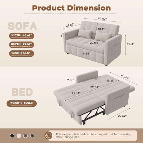 Image of Nebuaegis Sleeper Sofa Bed,3-in-1 Convertible Pull Out Couch with Adjustable Backrest for Living Room,Loveseat Sofa Bed with Side Pockets,Easy Assembly,Beige,1 PCS