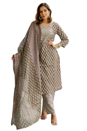 Image of MIRCHI FASHION Women's Straight Fit Pure Cotton Embellished Floral Printed Kurta Set with Dupatta and Trouser