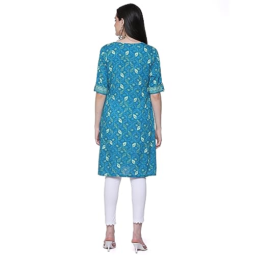 Image of Rangriti Teal Blue Liva Straight Printed Kurta for Women
