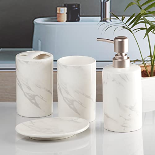 Image of SaSaSa Ceramic Bathroom Accessories Set of 4 Modern Bath Set with Soap Dispenser & Toothbrush Holder, Luxury Home & Gift Idea, White /Light Grey (8478)