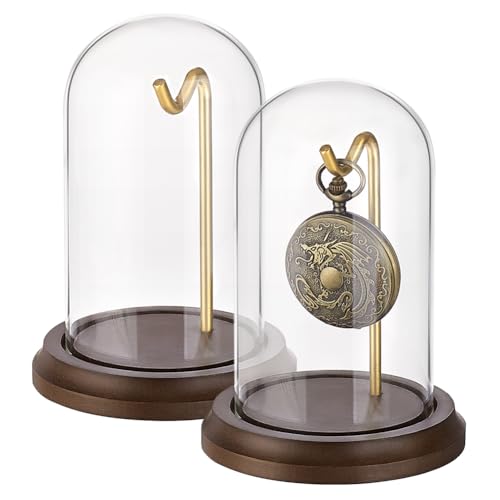 PH PandaHall 2 peças de relógio de bolso de 10 x 12,7 cm, cloche de cúpula com gancho de metal, frasco decorativo para exibição de relógio com base de madeira, exibição de vidro, cúpula, vitrine para
