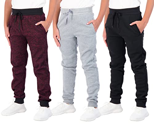 3 Pack: Boys Girls Youth Teen Active Athletic Basic Soft Tech Sports Fleece Jogger Soccer Track Gym Running Slim Fit Tapered Sweatpants Casual French Terry Quick Dry Fit Pockets-Set 2,XL(18/20)