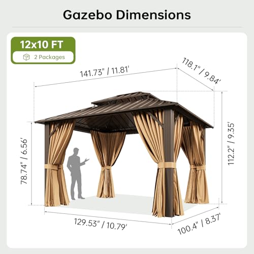 Image of 10x12FT Hardtop Gazebo Brown | Permanent Outdoor Pergola with Double Galvanized Steel Roof and Curtains and Netting for Backyard, Patio, Lawn and Garden