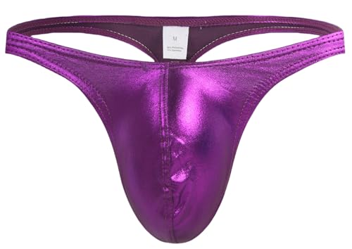 Men's Sexy Low Rise Thong Underwear Bulge Pouch T-Back G-String Briefs Faux Leather Shiny Metallic Panties