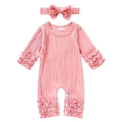 Image of GRNSHTS Newborn Baby Girls Ruffle Romper Solid Long Sleeve Jumpsuit One-Piece Coming Home Clothes With Headband