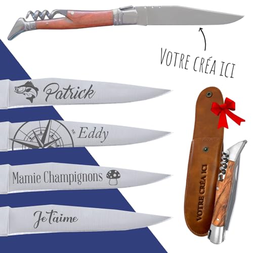 Couteau personnalisé avec Tire Bouchon - Couteau laguiole avec gravure pour prénom, message, date, etc… [ Couteau personnalisé homme ] (Laguiole)