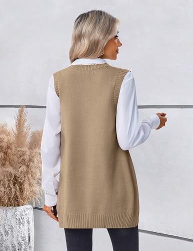 Zeagoo V Neck Sweaters for Women Fall Sleeveless Vest Oversized Knit Wear Business Casual Outfit Khaki3