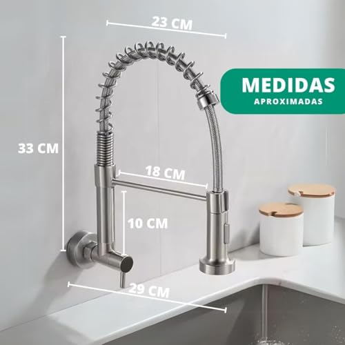 Torneira de Cozinha, Monocomando Gourmet, de Parede c/Mangueira Aço Inox Cromado Fosco, Arejador de