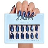 VSALON Press on Nails Short Almond - Blue Cat Eye Chrome Glue On Nails Kit for Women, Reusable Opaque Gel Stick on Nails with Glue & Cuticle Oil - 32 PCS Fake Nails in 16 Sizes (Tear Of The Sea)
