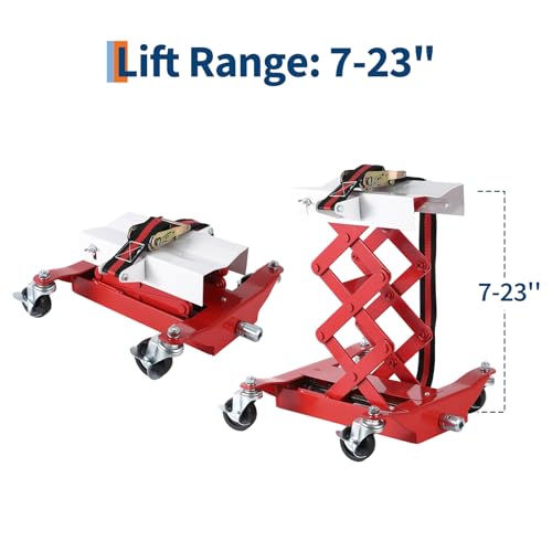 Image of Garvee Transmission Jack 450 LBS Capacity: Low Profile Lift with 2M Safety Straps & 4 Brake Wheels, 7-23 Inch Range for Car & Truck Repair (Red)