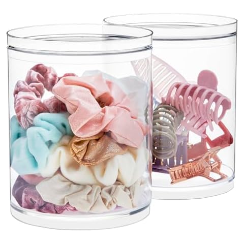 STORi Bella Tall Scrunchie Holder | Stackable Clear Plastic Container (Set of 2) Round Vanity Storage Organizers with Lids for Hair Accessories & Beauty Supplies | Made in USA Cover