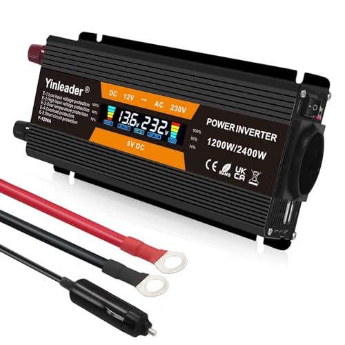Yinleader Spannungswandler 1200W/2400W 12V 230V Wechselrichter Dual USB Power Inverter mit 1 Steckdose und LCD-Display, für Auto, Wohnwagen, Boot, Camping, Reisen