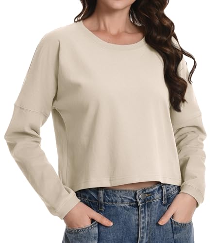 Active Sweat T Shirts Winter Gym Long Sleeve Workout Tops Trendy Basic Yoga Golf Tees Comfy Casual Crop Sweatshirts for Women Casual Ladies Teens Outfits Womens Oversized Tee Shirts Light Apricot S
