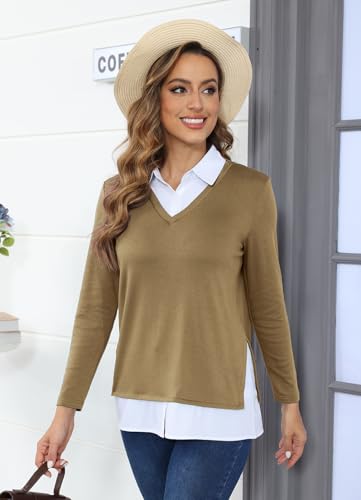 Image of Vldnery Womens Fall Winter Sweater 2025 Trendy Clothes Oversized V Neck Long Sleeve Shirts 2 in 1 Outfit Casual Pullover Tops