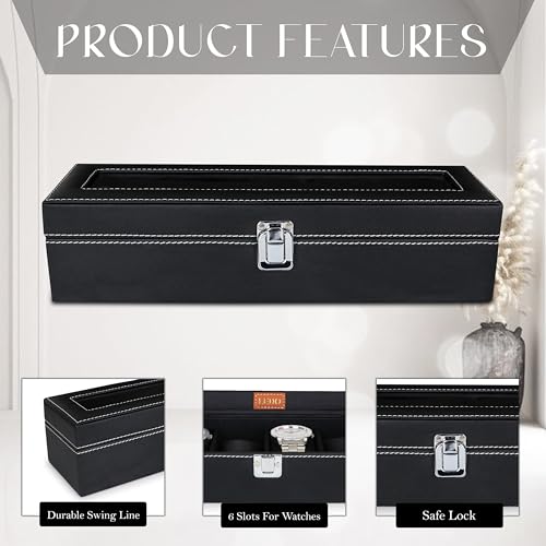 Image of LEDO Watch Box Holder Organizer Case in 6 slots of Watches with Transparent Look Black color Velvet