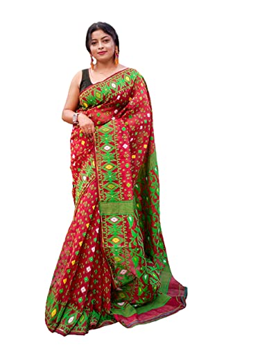 Sari de Bengala Occidental Dhakai Jamdani Sari para Mujer Vestido de India Rojo