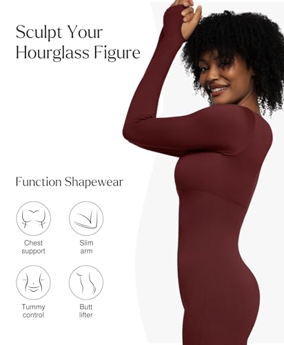 Popilush Long Sleeve Jumpsuit for Women Built-in Bra Ribbed U Neck Red XL - image 3