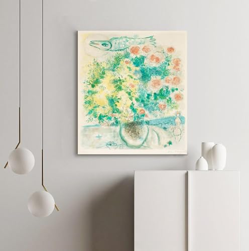 YUNART Gerahmte Leinwand Wandkunstdrucke Marc Chagall Rosen und Mimose Vintage gespannte und gerahmte Giclée Kunstwerk Bilder Druck auf Leinwand 70x90cm Innenrahmen