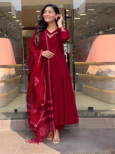 Image of GoSriKi Women Viscose Gown Kurti with Pant and Dupatta | Embroidered Kurta Set for Women | V Neck Long Kurta Dupatta Palazzo Ethnic Outfit