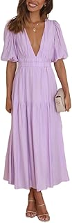 Women's Deep V Neck Puff Short Sleeve Tiered Dress Elastic High Waist Flowy A Line Midi Dresses - Buy now