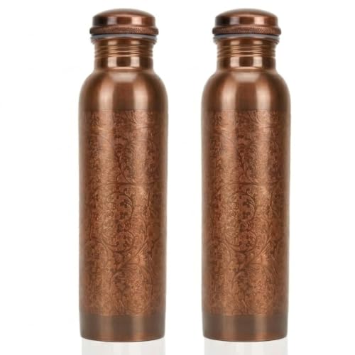 FURNISHFUL FINESSE 34 Ounce Antique Copper Bottle 1000 ml Pure Copper Water Bottles for Sports, Gym Yoga, Hiking, Handmade Antique Ayurvedic Vessel 1 liter - Pack of 2
