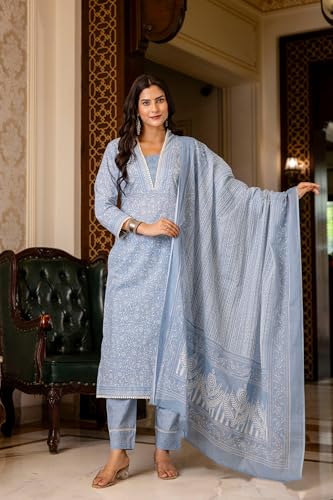 Image of GoSriKi Women's Rayon Blend Straight Printed Kurta with Pant & Dupatta