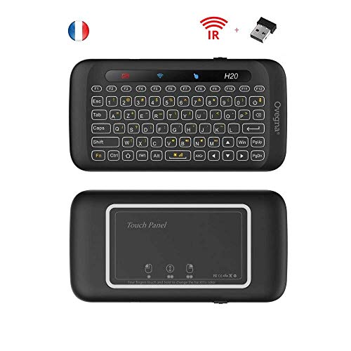 Ovegna H20: Mini clavier sans fil (AZERTY) rétroéclairé 2.4Ghz, avec fonction d'apprentissage infrarouge, rechargeable par batterie, pour Android TV Box, PC, PC, sous Windows, Linux, Android, Mac