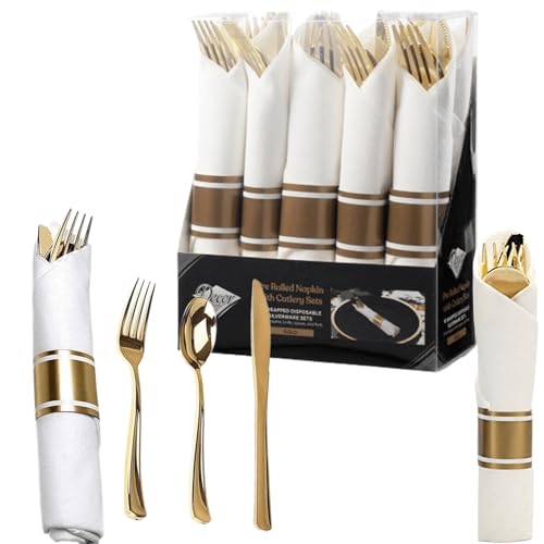 VeZee's Décor: 400-Piece Pre-Rolled Gold Cutlery & Napkin COMBO Set – Perfect for Weddings, Parties, & Events-Setting for 100, DE4729