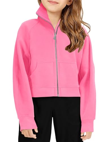 Meikulo Girls Zip Up Sweatshirt Kids Fashion Stand Collar Fleece Lined Jacket with Pockets 7-14 Years Pink
