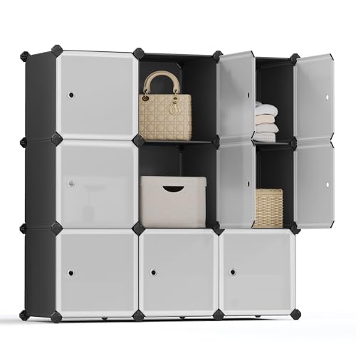 SONGMICS Regalsystem, Schuhregal, Set aus 9 Würfeln, Kleiderschrank aus Kunststoff, mit Türen, Steckregal, Aufbewahrung von Kleidung, Schuhen und Büchern, einfache Montage, schwarz LPC116HS