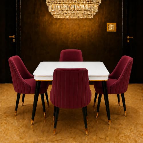 Image of WOODEN SPACE 4 Seater Wooden Dining Table Set | Urban Marble Top Dining Table with Chairs for Dining Room & Kitchen (Modern Infinity Backline Maroon) (42 x 42 x 30 inch)