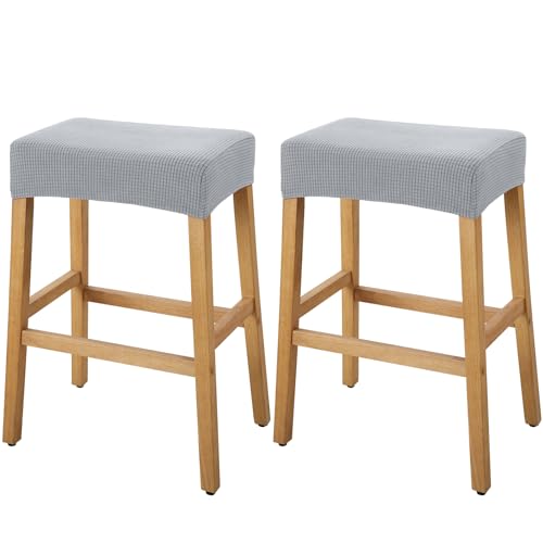 Image of YISUN Stool Covers Rectangle - 2 Pack Stretch Waterproof Saddle Seat Cover Counter Bar Stools Bar Chairs Covers Kitchen Island Chairs Cushion Protector (2, Light Gray)