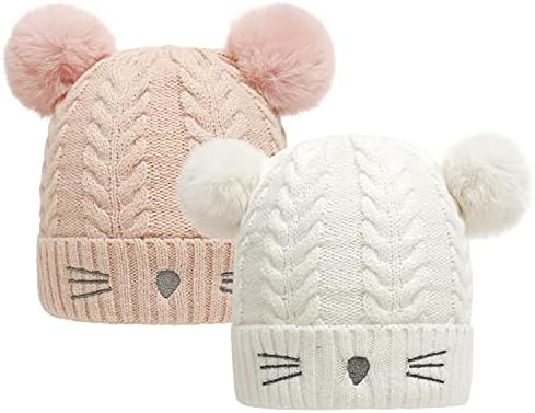 BUBO.YAA Baby Girl Winter Hat Cable Knit Baby Beanie for Infant Toddler Double Faux Fur Pom Pom Beanie with Fleece Lining