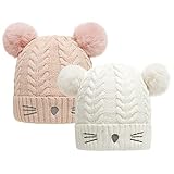 BUBO.YAA Baby Girl Winter Hat Cable Knit Baby Beanie for Infant Toddler Double Faux Fur Pom Pom Bean